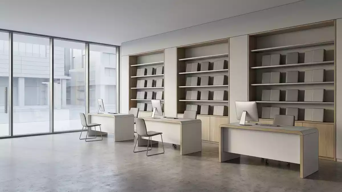 Architektur-Render im Reisebüro mit Reiseunterlagen im Ausstellungsbereich, neutral