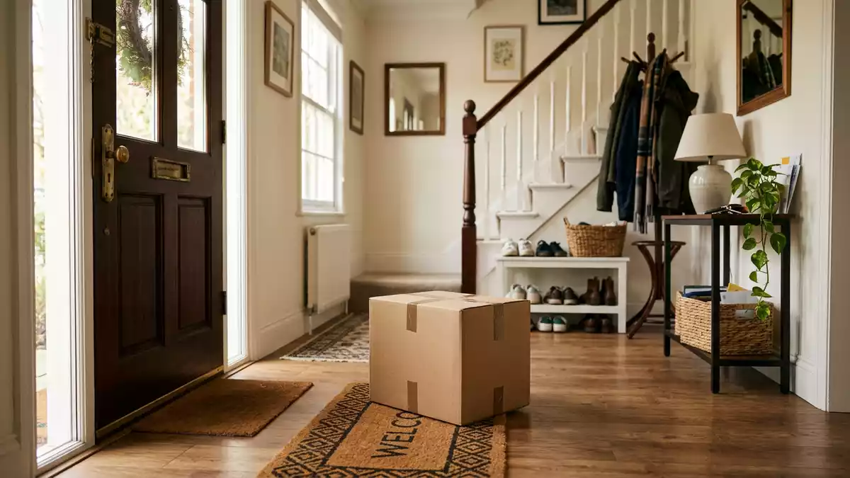 Fotorealistische Ansicht von Versandpaket an der Haustür in realer Umgebung, neutral