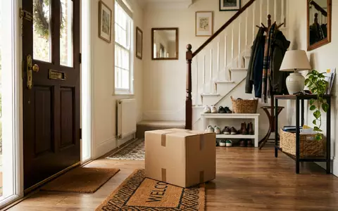 Fotorealistische Aufnahme von Versandpaket an der Haustür zum Thema DHL Paket, ISIN DE0005552004, natuerliches Licht - Foto: THN