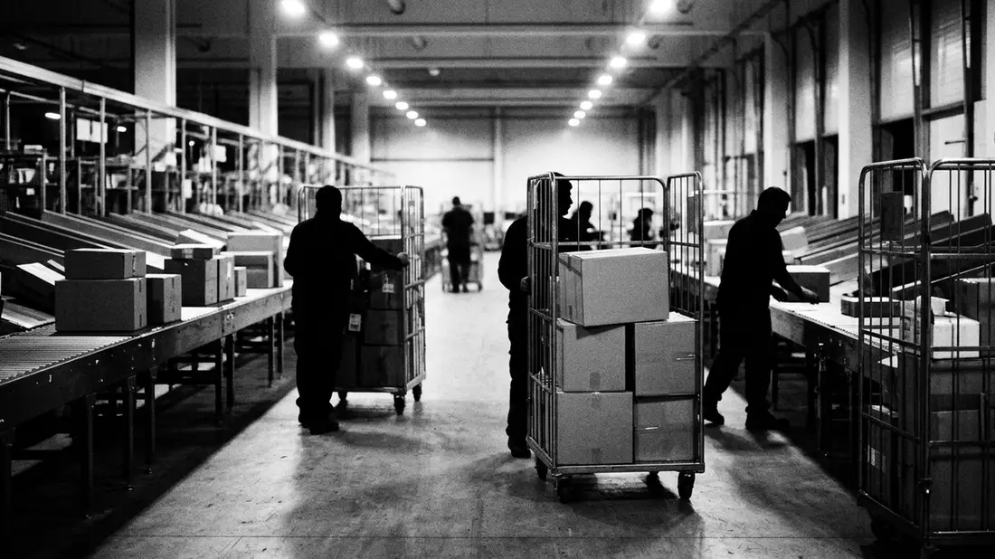 Schwarzweiss-Reportagebild mit Versandpaket in dokumentarischer Arbeitsumgebung