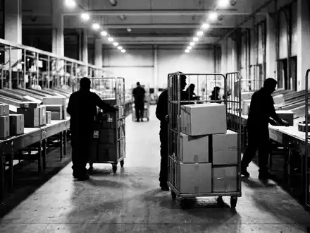 Schwarzweiss-Reportage mit Versandpaket zum Thema DHL Paket, ISIN DE0005552004, hoher Kontrast, sachlich dargestellt - Foto: THN