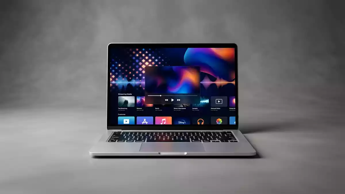 Fotorealistische Studioansicht von Streaming-Laptop in neutraler Produktdarstellung