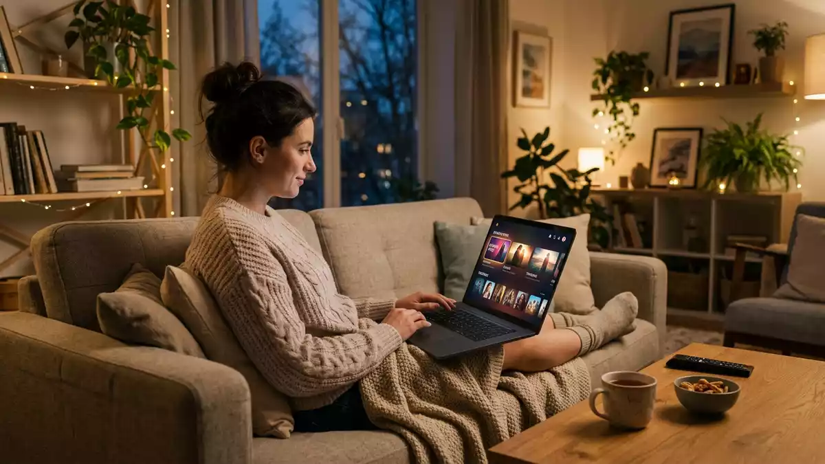 Fotorealistische Ansicht von Streaming-Laptop im Wohnzimmer in realer Umgebung
