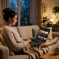 Fotorealistische Aufnahme von Streaming-Laptop im Wohnzimmer zum Thema MagentaTV, ISIN DE0005557508, natuerliches Licht - Foto: THN