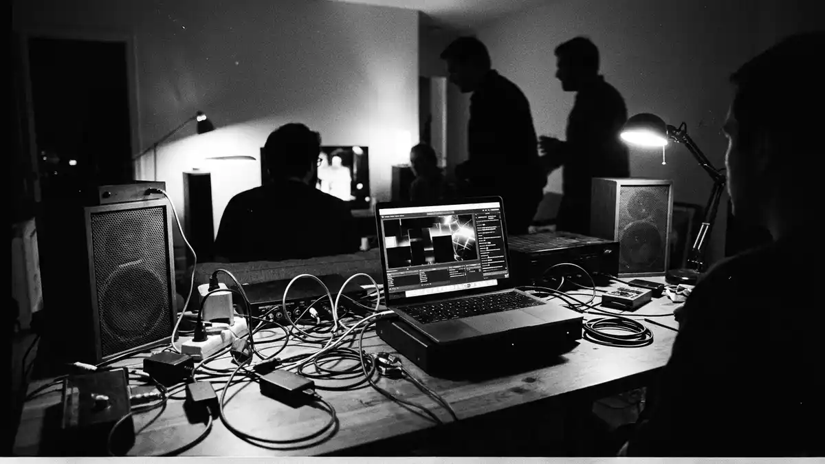 Schwarzweiss-Reportagebild mit Streaming-Laptop in dokumentarischer Arbeitsumgebung