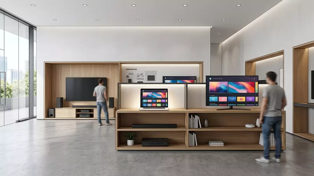 Architektur-Render im Elektronik-Fachmarkt mit Streaming-Laptop im Ausstellungsbereich