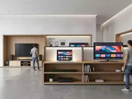 Architektur-Render im Elektronik-Fachmarkt mit Streaming-Laptop zum Thema MagentaTV, ISIN DE0005557508, neutrales Tageslicht - Foto: THN