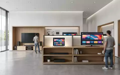 Architektur-Render im Elektronik-Fachmarkt mit Streaming-Laptop zum Thema MagentaTV, ISIN DE0005557508, neutrales Tageslicht - Foto: THN