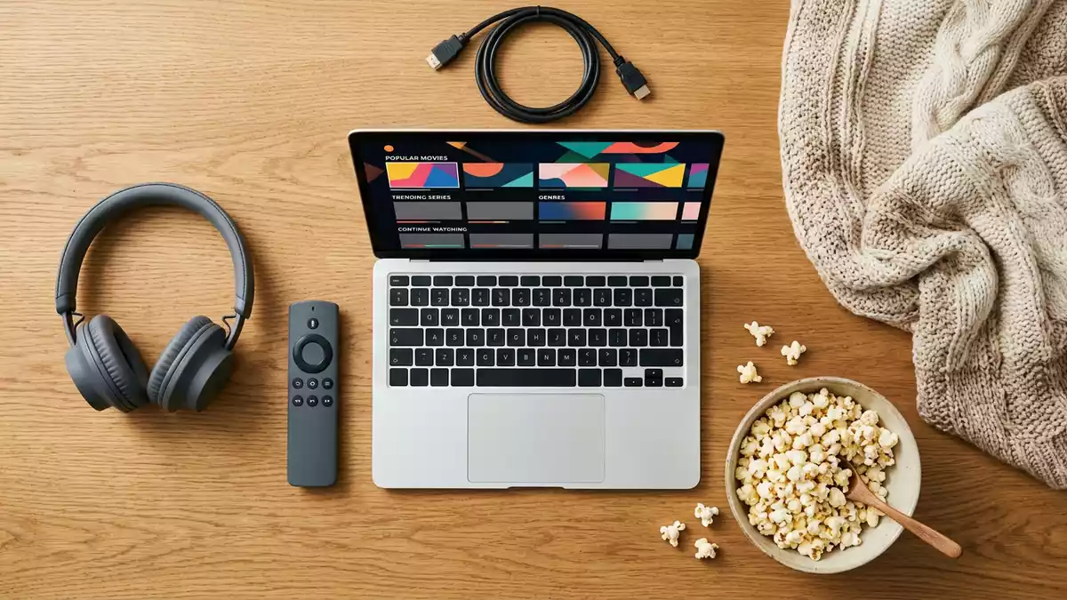 Flatlay-Arrangement rund um Streaming-Laptop mit passenden Requisiten von oben