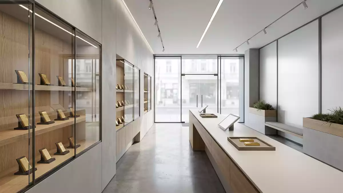 Architektur-Render im Edelmetallhandel mit Goldbarren im Ausstellungsbereich, neutral