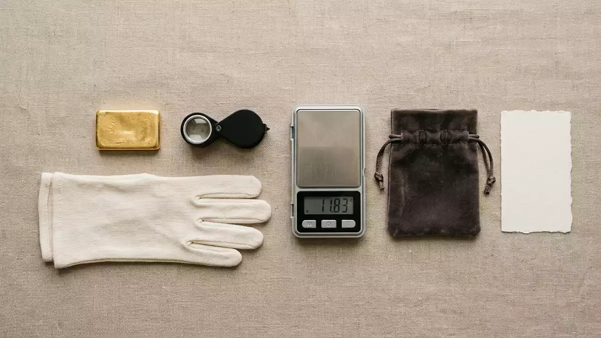 Flatlay-Arrangement rund um Goldbarren mit passenden Requisiten von oben, neutral