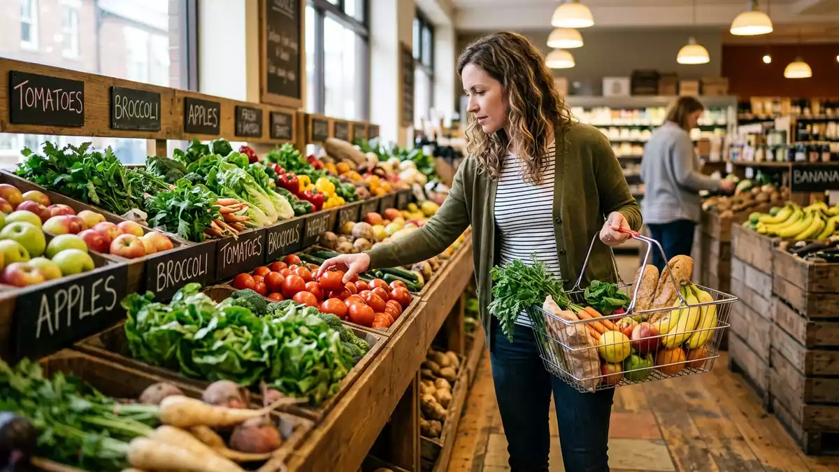 Fotorealistische Ansicht von Lebensmittelmarkt beim Einkaufen in realer Umgebung