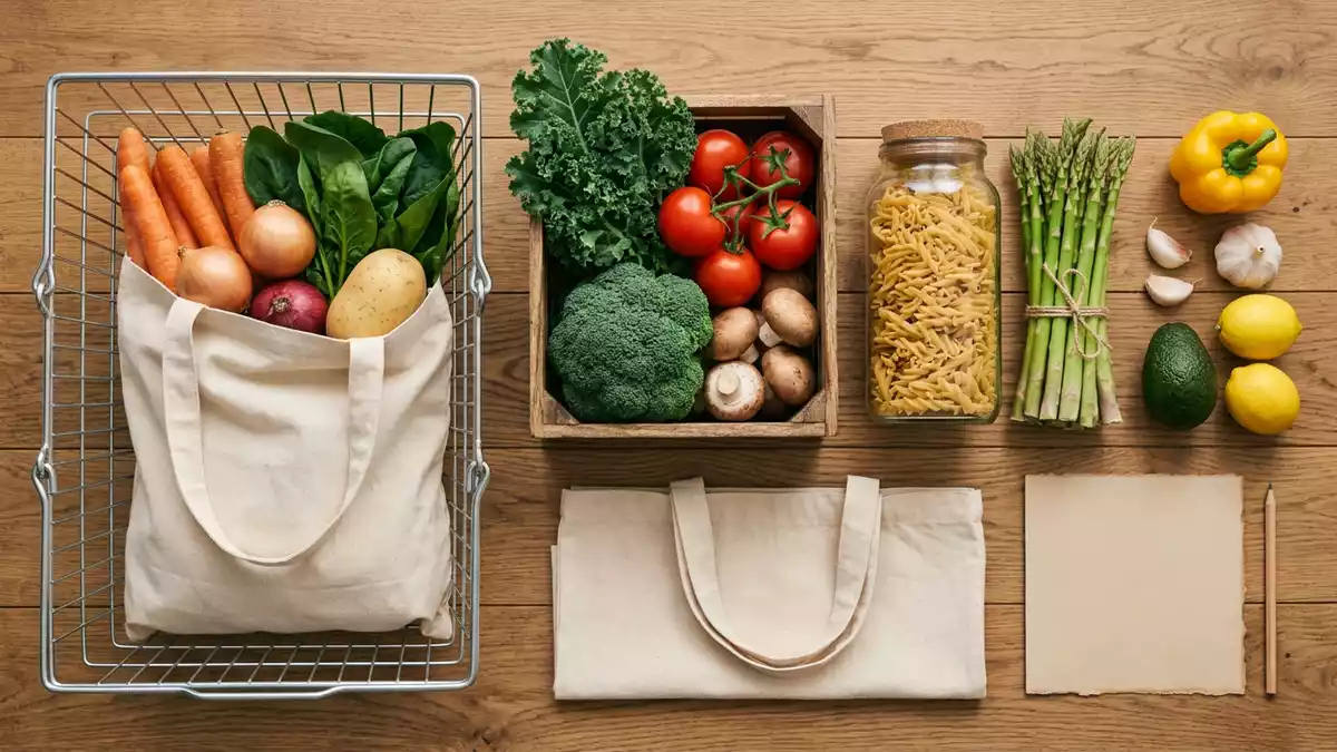 Flatlay-Arrangement rund um Lebensmittelmarkt mit passenden Requisiten von oben