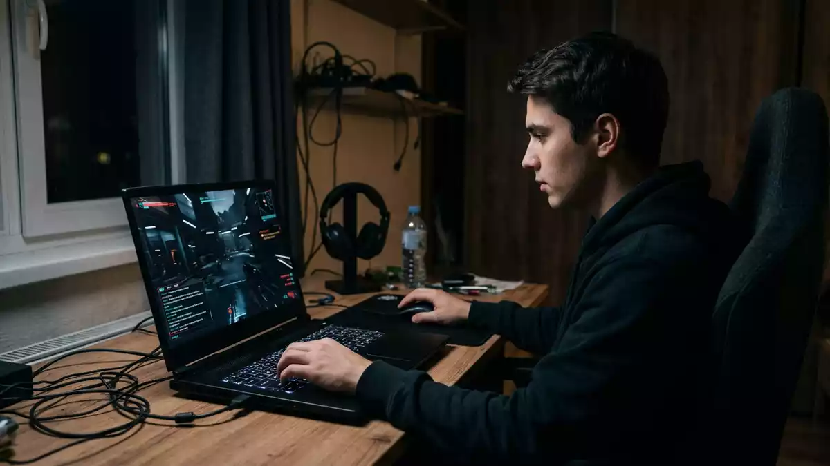 Fotorealistische Ansicht von Computerspiel am Computer in realer Umgebung, neutral