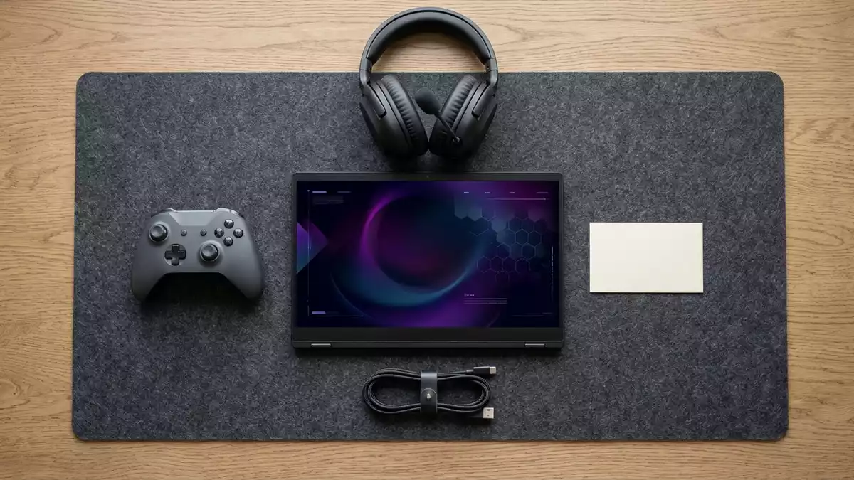 Flatlay-Arrangement rund um Computerspiel mit passenden Requisiten von oben, neutral