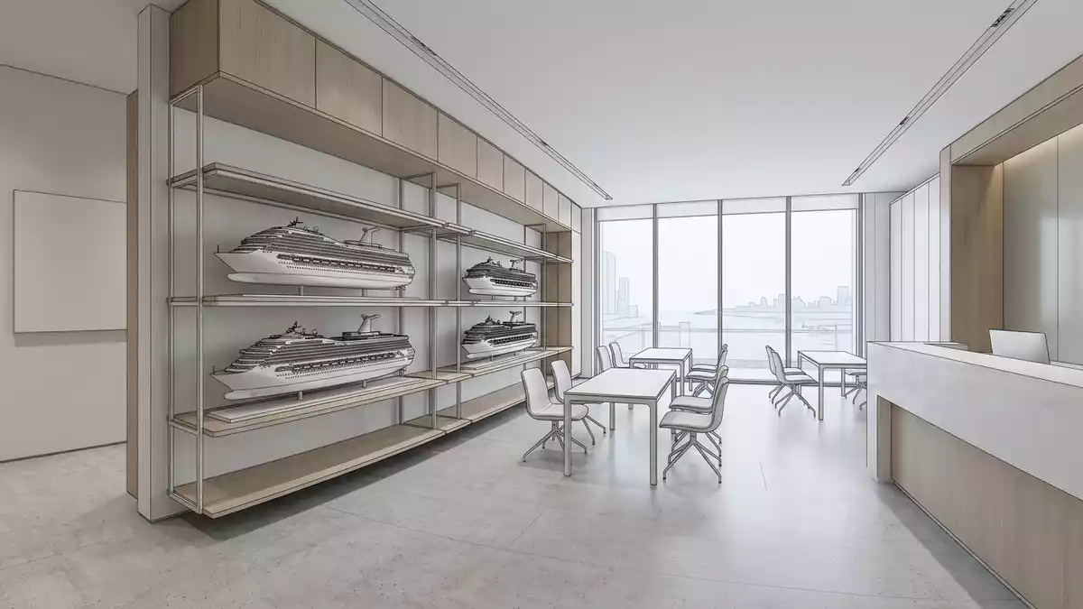 Architektur-Render im Reisebüro mit Kreuzfahrtschiff im Ausstellungsbereich, neutral