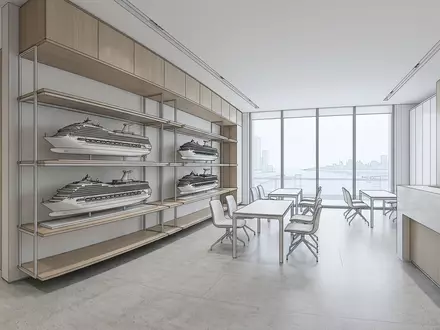 Architektur-Render im Reisebüro mit Kreuzfahrtschiff zum Thema AIDA Kreuzfahrt, ISIN PA1436583006, neutrales Tageslicht - Foto: THN