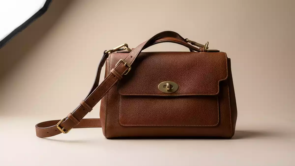 Fotorealistische Studioansicht von Lederhandtasche in neutraler Produktdarstellung
