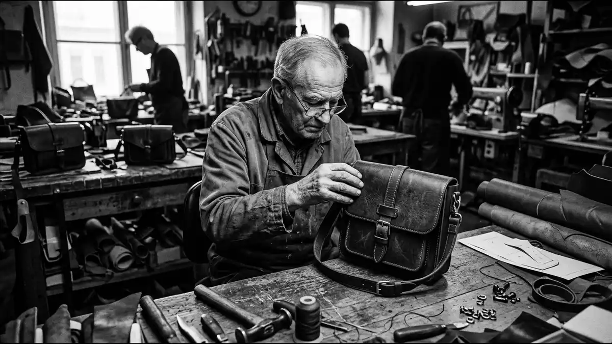 Schwarzweiss-Reportagebild mit Lederhandtasche in dokumentarischer Arbeitsumgebung