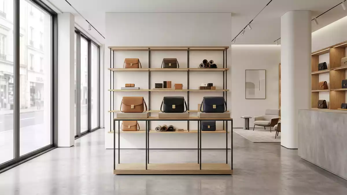 Architektur-Render im Lederwarenhandel mit Lederhandtasche im Ausstellungsbereich