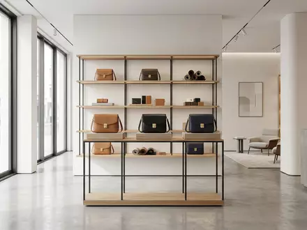 Architektur-Render im Lederwarenhandel mit Lederhandtasche zum Thema Michael Kors Handtasche, ISIN US14040H1059, neutrales Tageslicht - Foto: THN