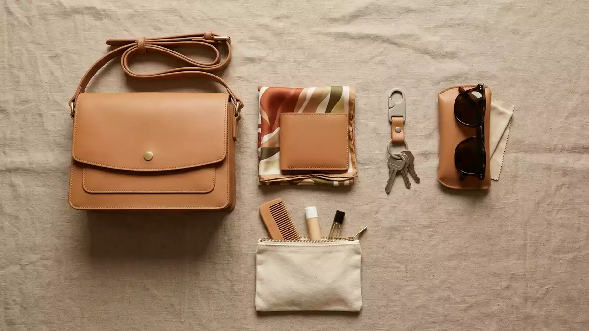 Flatlay-Arrangement rund um Lederhandtasche mit passenden Requisiten von oben, neutral