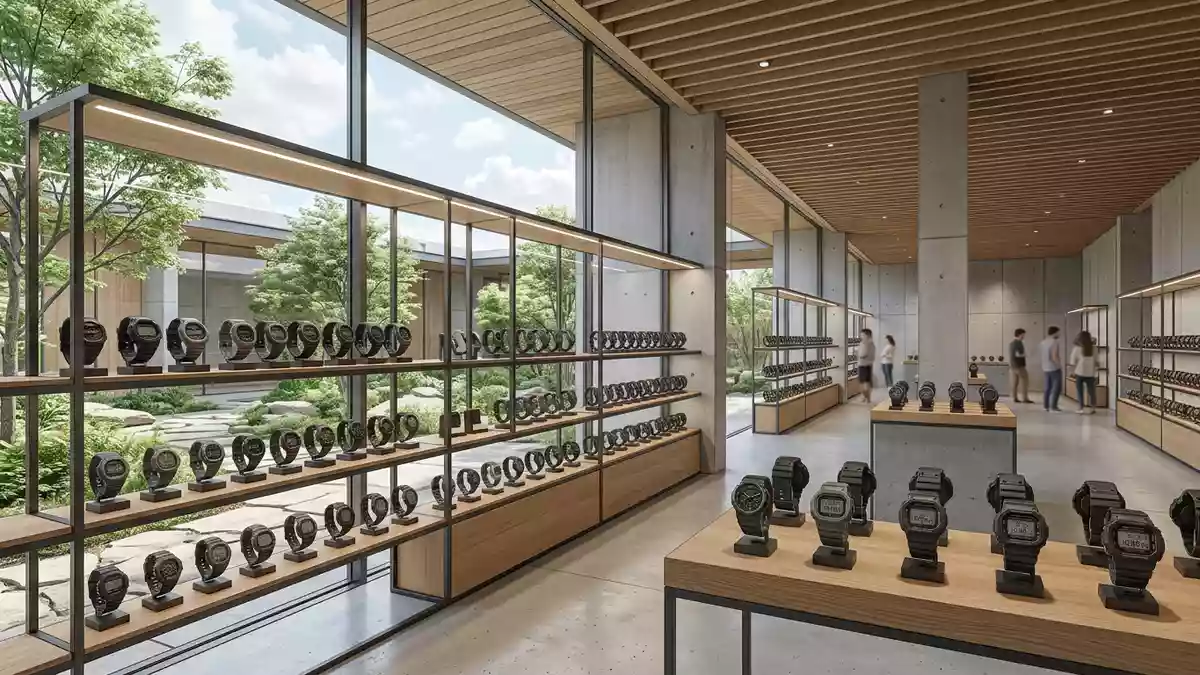 Architektur-Render im Uhrenfachhandel mit Digitaluhr im Ausstellungsbereich, neutral