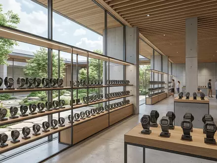 Architektur-Render im Uhrenfachhandel mit Digitaluhr zum Thema Casio G-Shock, ISIN JP3209000003, neutrales Tageslicht - Foto: THN