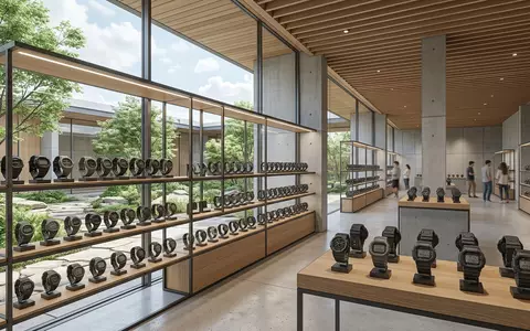 Architektur-Render im Uhrenfachhandel mit Digitaluhr zum Thema Casio G-Shock, ISIN JP3209000003, neutrales Tageslicht - Foto: THN