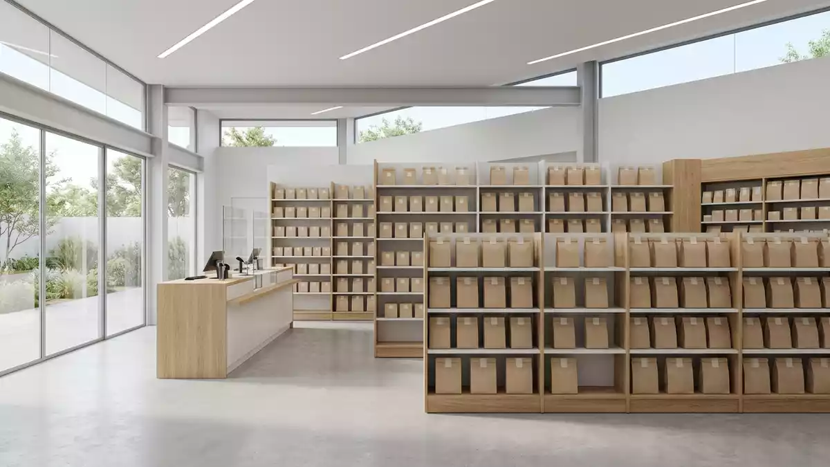 Architektur-Render im Apotheke mit Arzneimittelpaket im Ausstellungsbereich, neutral
