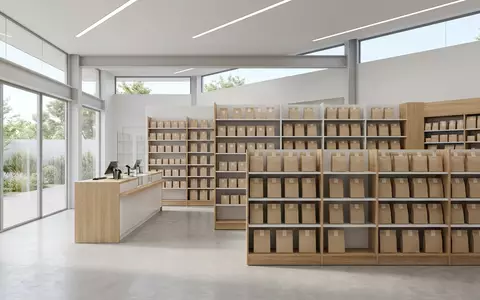 Architektur-Render im Apotheke mit Arzneimittelpaket zum Thema DocMorris Versandapotheke, ISIN CH0042615283, neutrales Tageslicht - Foto: THN