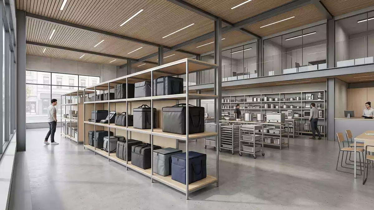 Architektur-Render im Gastronomiebedarf mit Lieferbeutel im Ausstellungsbereich