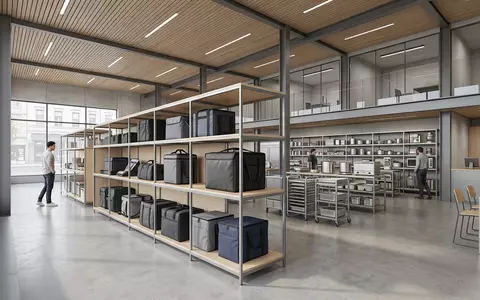 Architektur-Render im Gastronomiebedarf mit Lieferbeutel zum Thema DoorDash Lieferung, ISIN US2600031080, neutrales Tageslicht - Foto: THN