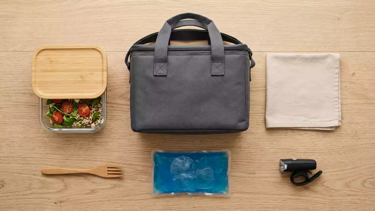 Flatlay-Arrangement rund um Lieferbeutel mit passenden Requisiten von oben, neutral