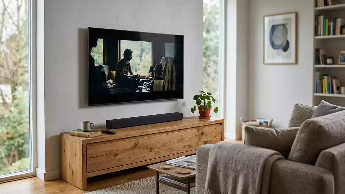 Fotorealistische Ansicht von Soundbar im Wohnzimmer in realer Umgebung, neutral