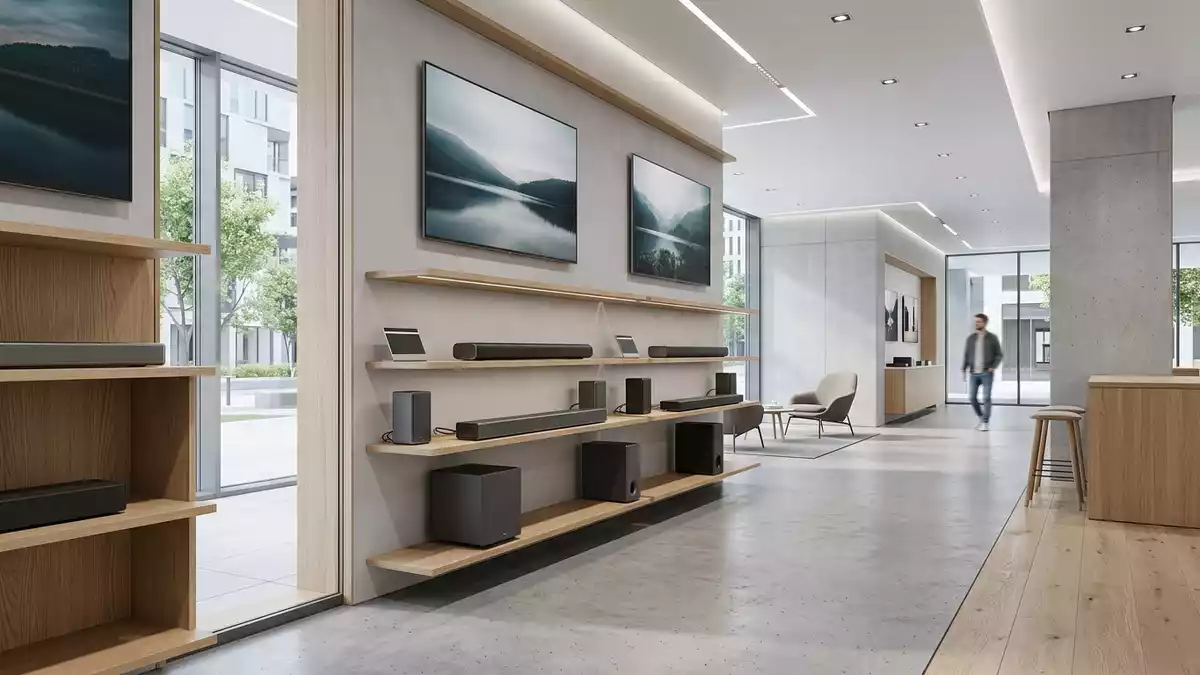 Architektur-Render im Elektronik-Fachmarkt mit Soundbar im Ausstellungsbereich