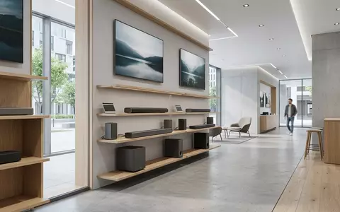 Architektur-Render im Elektronik-Fachmarkt mit Soundbar zum Thema Dolby Atmos Soundbar, ISIN US25659T1079, neutrales Tageslicht - Foto: THN