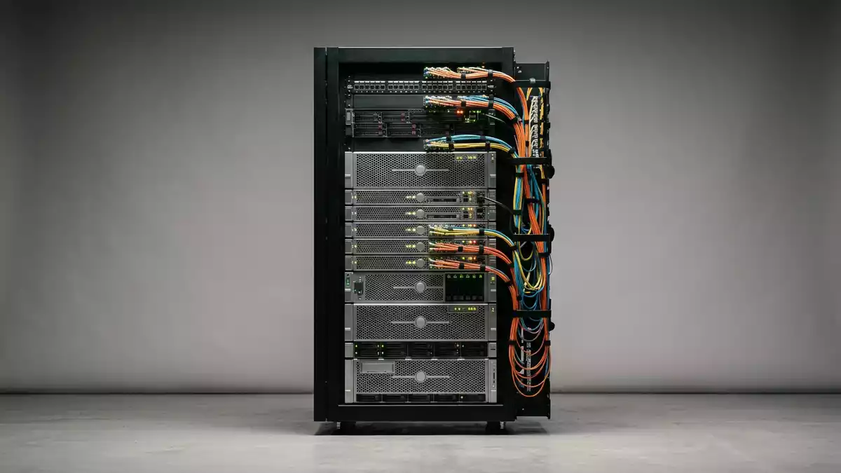 Fotorealistische Studioansicht von Serverschrank in neutraler Produktdarstellung