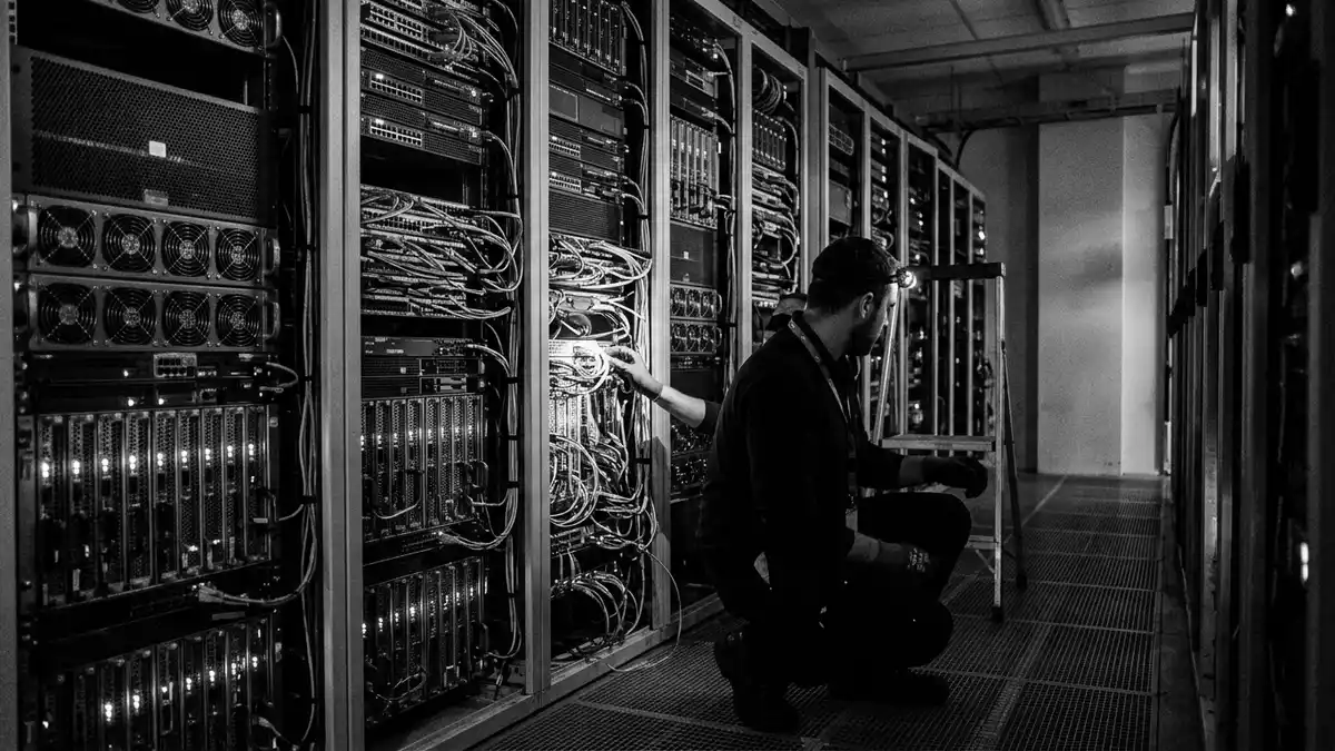 Schwarzweiss-Reportagebild mit Serverschrank in dokumentarischer Arbeitsumgebung