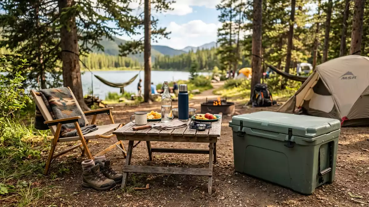 Fotorealistische Ansicht von Kühlbox beim Camping in realer Umgebung, neutral