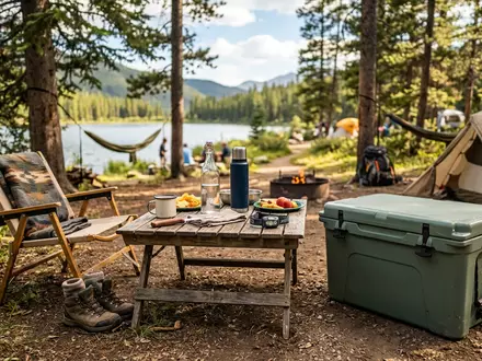 Fotorealistische Aufnahme von Kühlbox beim Camping zum Thema Dometic Kühlbox, ISIN SE0007691613, natuerliches Licht - Foto: THN