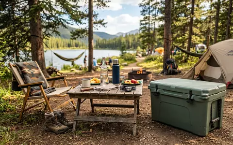 Fotorealistische Aufnahme von Kühlbox beim Camping zum Thema Dometic Kühlbox, ISIN SE0007691613, natuerliches Licht - Foto: THN