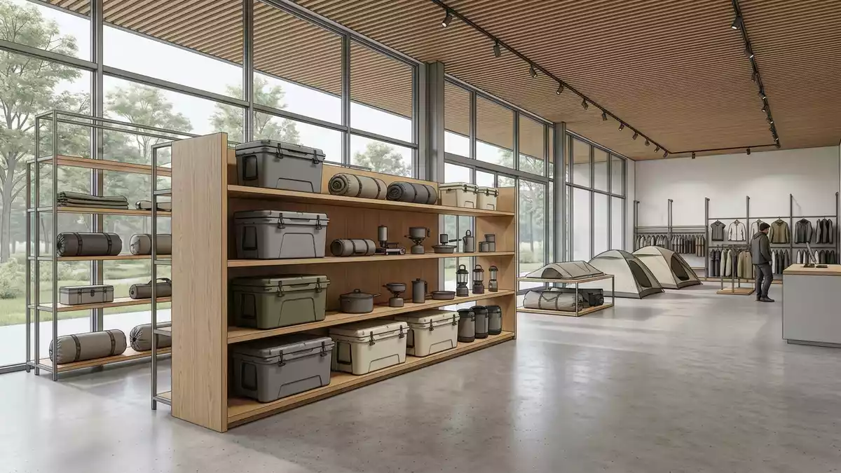 Architektur-Render im Outdoor-Fachhandel mit Kühlbox im Ausstellungsbereich, neutral
