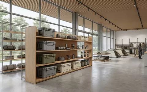 Architektur-Render im Outdoor-Fachhandel mit Kühlbox zum Thema Dometic Kühlbox, ISIN SE0007691613, neutrales Tageslicht - Foto: THN