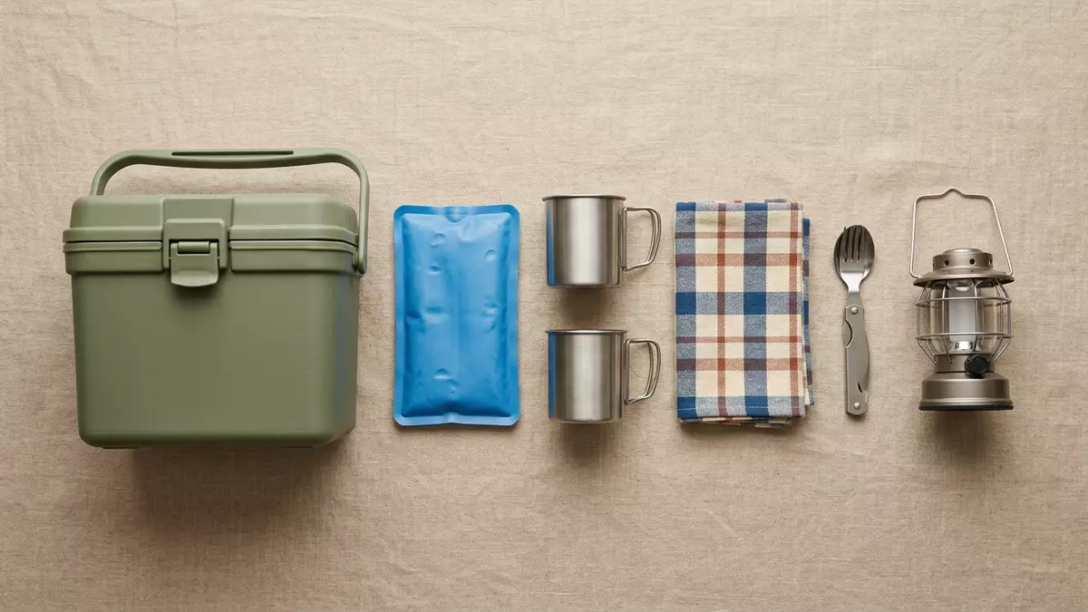 Flatlay-Arrangement rund um Kühlbox mit passenden Requisiten von oben, neutral