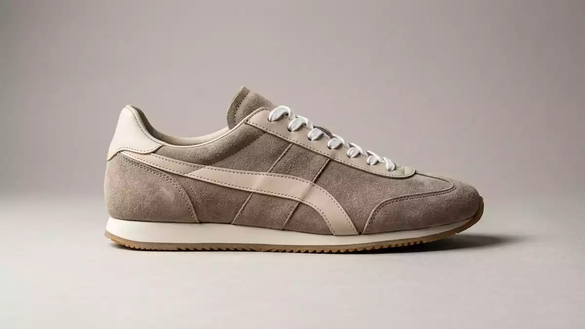 Fotorealistische Studioansicht von Retro-Sneaker in neutraler Produktdarstellung