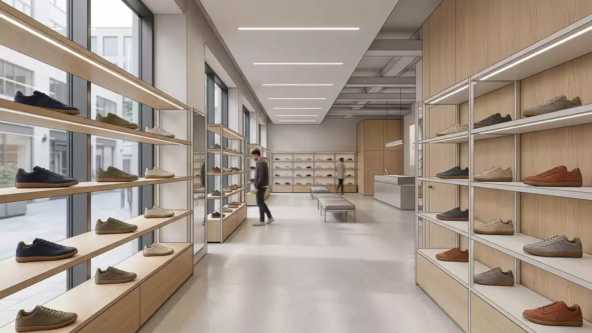 Architektur-Render im Sportgeschäft mit Retro-Sneaker im Ausstellungsbereich, neutral