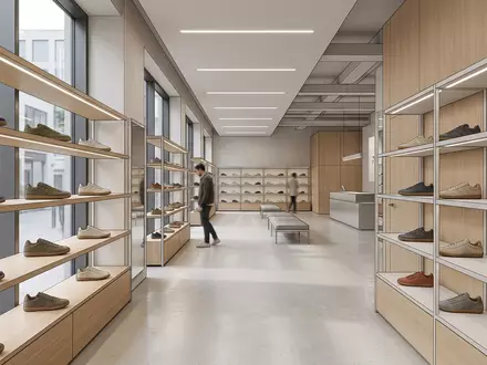 Architektur-Render im Sportgeschäft mit Retro-Sneaker zum Thema Adidas Gazelle, ISIN DE000A1EWWW0, neutrales Tageslicht - Foto: THN