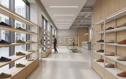Architektur-Render im Sportgeschäft mit Retro-Sneaker zum Thema Adidas Gazelle, ISIN DE000A1EWWW0, neutrales Tageslicht - Foto: THN