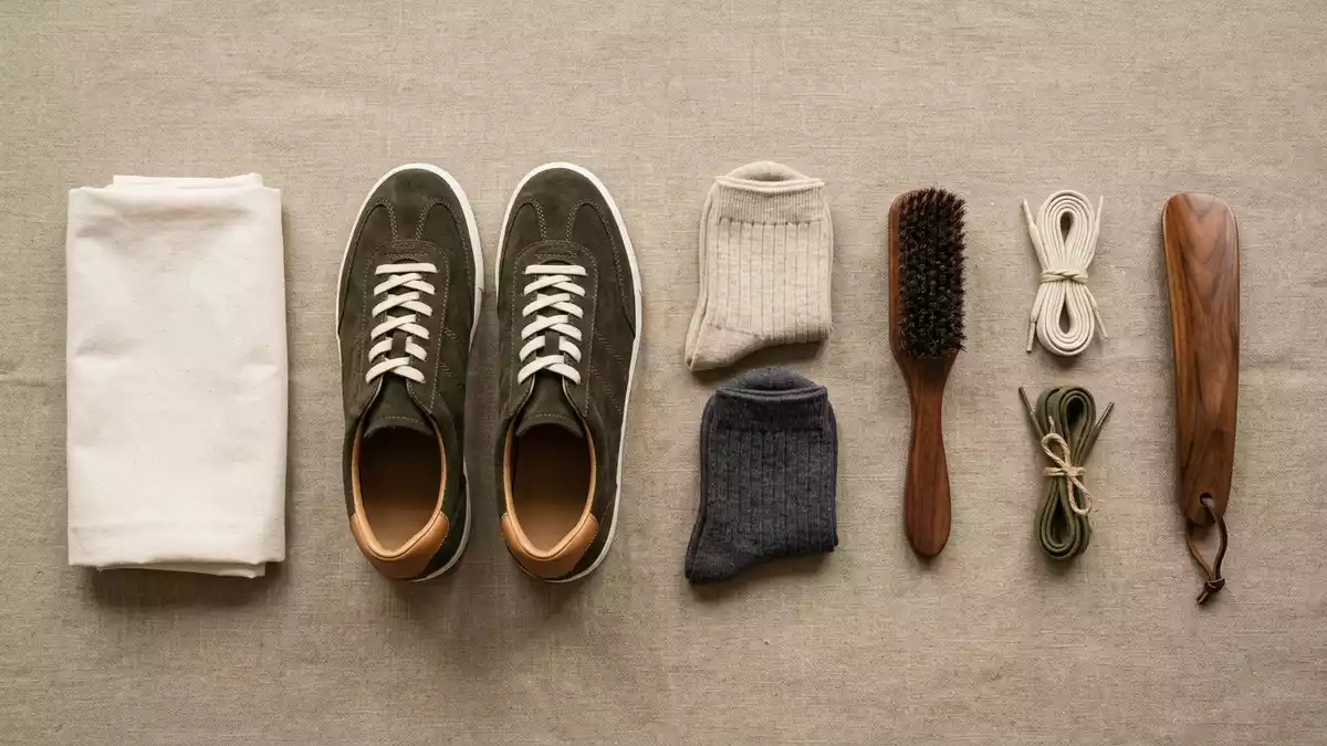 Flatlay-Arrangement rund um Retro-Sneaker mit passenden Requisiten von oben, neutral